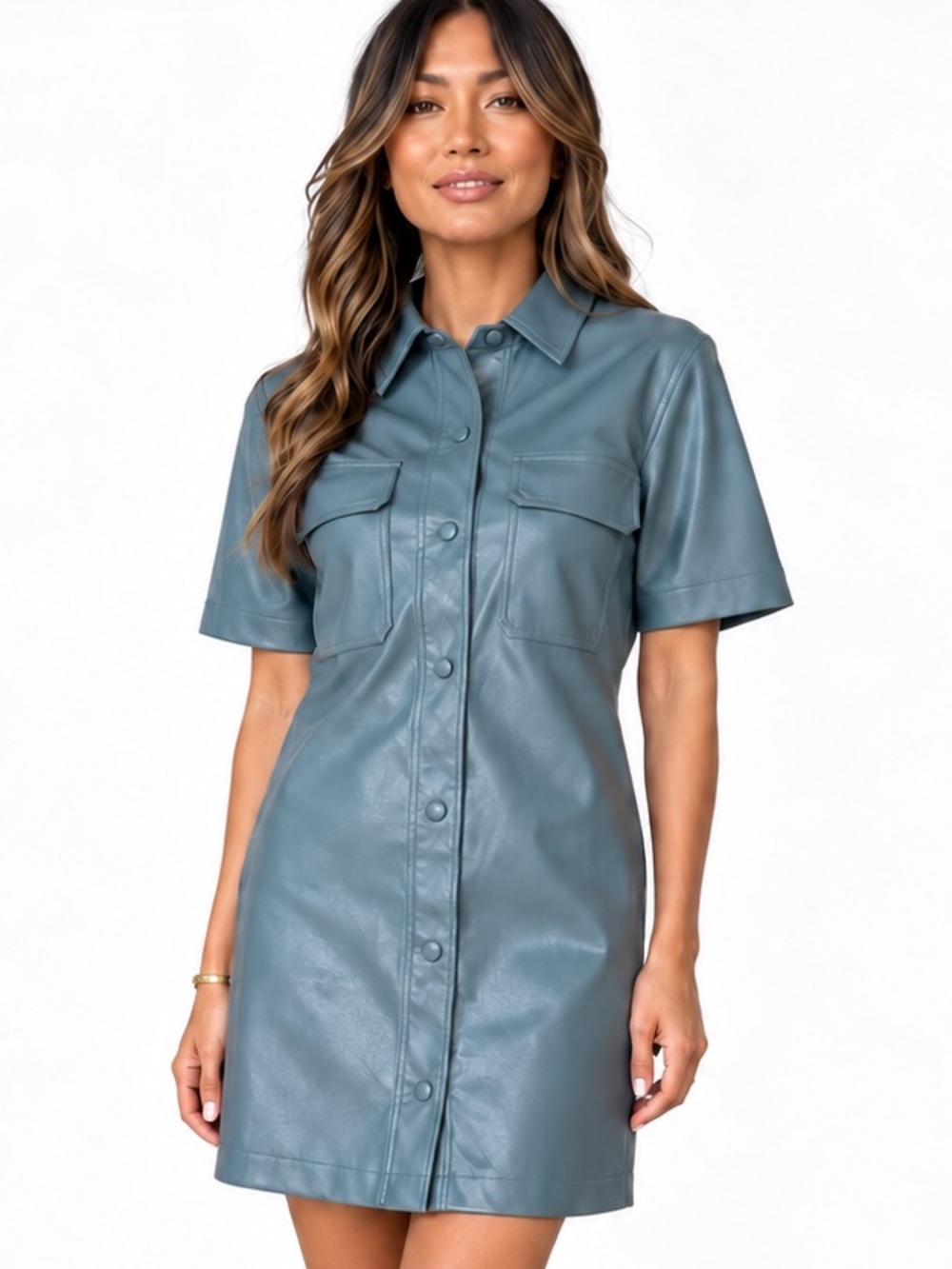 7 for All Mankind Shirt Dress Women Large Grey/Green Faux Leather Button